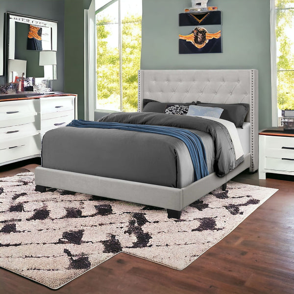 Homeroots Solid Wood Queen Tufted Gray And Light Gray Upholstered Velvet Bed With Nailhead Trim  Solid Manufactured Wood 355769