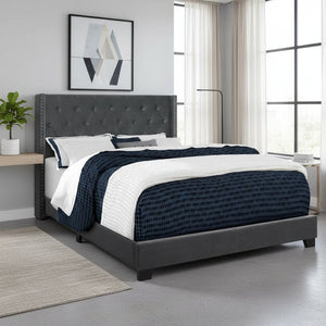 HomeRoots Solid Wood Queen Velvet Tufted Bed with Wingback Headboard & Chrome Nailhead Trim for Elegance 355770