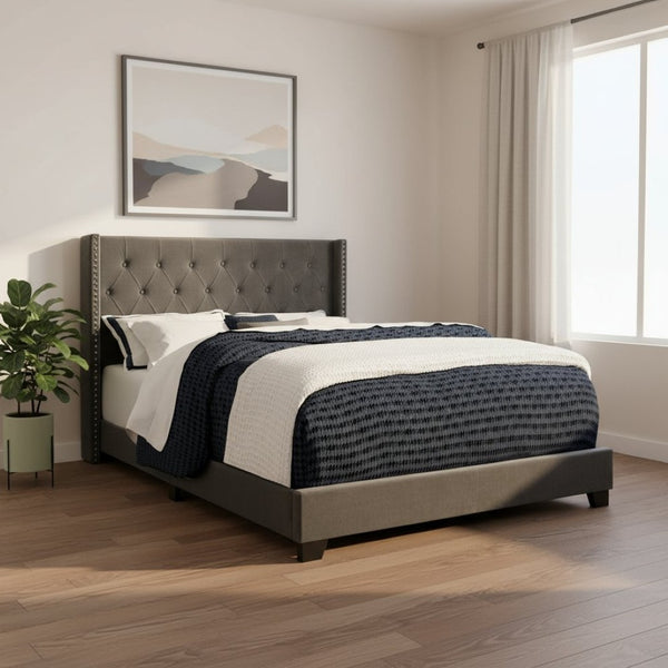 HomeRoots Solid Wood Queen Velvet Tufted Bed with Wingback Headboard & Chrome Nailhead Trim for Elegance 355770
