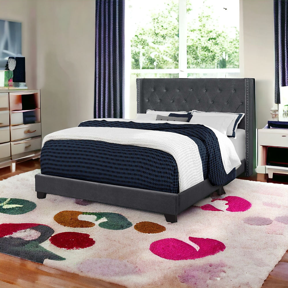Homeroots Solid Wood Queen Tufted Gray Upholstered Velvet Bed With Nailhead Trim  Solid Manufactured Wood 355770