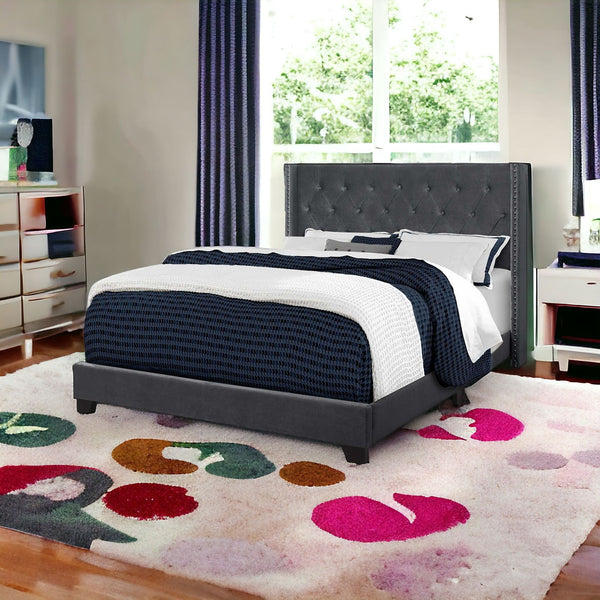 Homeroots Solid Wood Queen Tufted Gray Upholstered Velvet Bed With Nailhead Trim  Solid Manufactured Wood 355770
