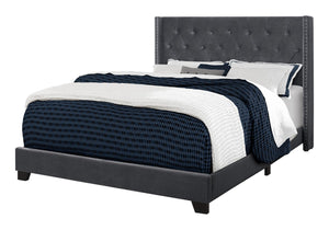 HomeRoots Solid Wood Queen Velvet Tufted Bed with Wingback Headboard & Chrome Nailhead Trim for Elegance 355770