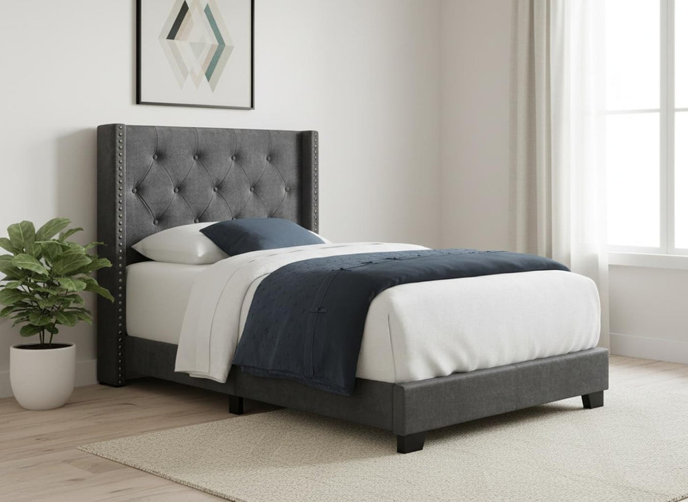 HomeRoots 45.25" Twin Size Bed in Dark Grey Velvet with Chrome Trim - Elegant Wingback Design for Modern Spaces 355771