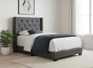 HomeRoots 45.25" Twin Size Bed in Dark Grey Velvet with Chrome Trim - Elegant Wingback Design for Modern Spaces 355771