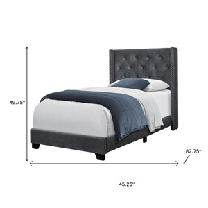 HomeRoots 45.25" Twin Size Bed in Dark Grey Velvet with Chrome Trim - Elegant Wingback Design for Modern Spaces 355771
