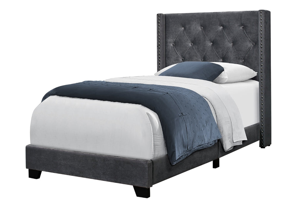HomeRoots 45.25" Twin Size Bed in Dark Grey Velvet with Chrome Trim - Elegant Wingback Design for Modern Spaces 355771