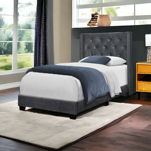 Homeroots 45.25" X 82.75" X 49.75" Dark Grey Velvet With Chrome Trim - Twin Size Bed  Solid Manufactured Wood 355771