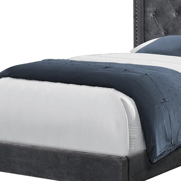 HomeRoots 45.25" Twin Size Bed in Dark Grey Velvet with Chrome Trim - Elegant Wingback Design for Modern Spaces 355771