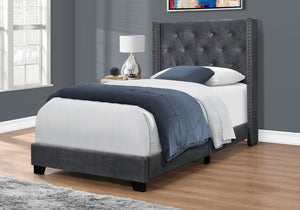 HomeRoots 45.25" Twin Size Bed in Dark Grey Velvet with Chrome Trim - Elegant Wingback Design for Modern Spaces 355771
