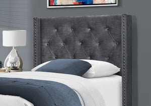 HomeRoots 45.25" Twin Size Bed in Dark Grey Velvet with Chrome Trim - Elegant Wingback Design for Modern Spaces 355771