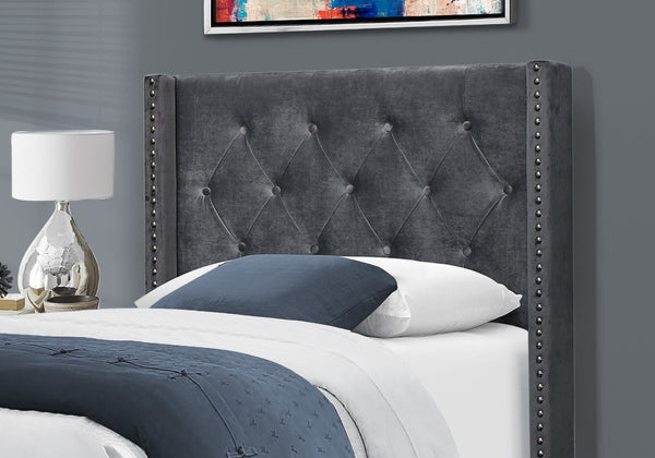 HomeRoots 45.25" Twin Size Bed in Dark Grey Velvet with Chrome Trim - Elegant Wingback Design for Modern Spaces 355771