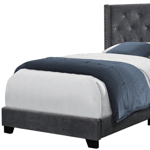 HomeRoots 45.25" Twin Size Bed in Dark Grey Velvet with Chrome Trim - Elegant Wingback Design for Modern Spaces 355771
