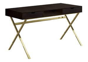 HomeRoots 24" Dark Brown and Gold Computer Desk - Stylish Executive Design with Spacious Drawers & Metal Base 355775