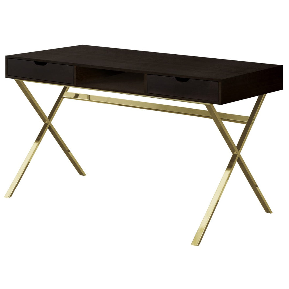 HomeRoots 24" Dark Brown and Gold Computer Desk - Stylish Executive Design with Spacious Drawers & Metal Base 355775