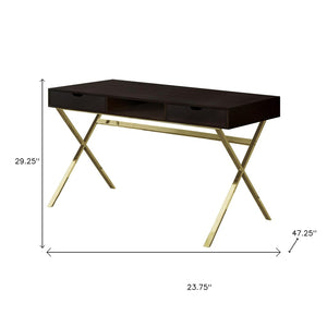 HomeRoots 24" Dark Brown and Gold Computer Desk - Stylish Executive Design with Spacious Drawers & Metal Base 355775