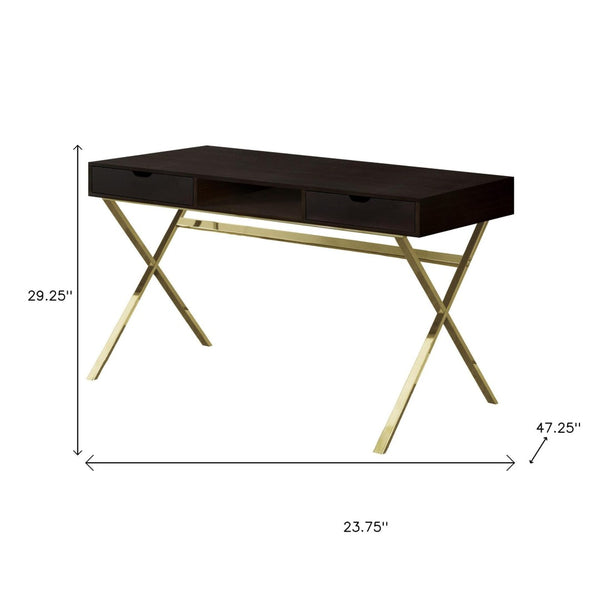 HomeRoots 24" Dark Brown and Gold Computer Desk - Stylish Executive Design with Spacious Drawers & Metal Base 355775