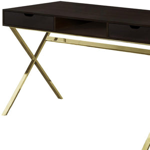 HomeRoots 24" Dark Brown and Gold Computer Desk - Stylish Executive Design with Spacious Drawers & Metal Base 355775