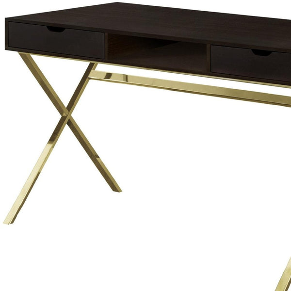 HomeRoots 24" Dark Brown and Gold Computer Desk - Stylish Executive Design with Spacious Drawers & Metal Base 355775