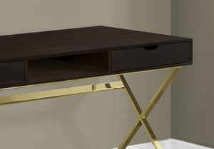 HomeRoots 24" Dark Brown and Gold Computer Desk - Stylish Executive Design with Spacious Drawers & Metal Base 355775