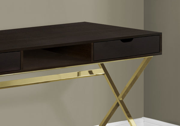HomeRoots 24" Dark Brown and Gold Computer Desk - Stylish Executive Design with Spacious Drawers & Metal Base 355775