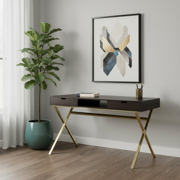 HomeRoots 24" Dark Brown and Gold Computer Desk - Stylish Executive Design with Spacious Drawers & Metal Base 355775