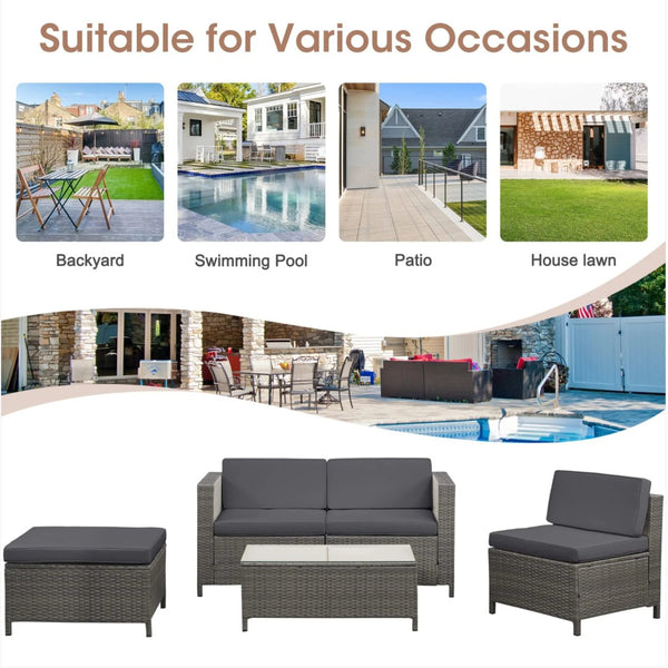 English Elm 5-piece Outdoor Modular Pe Rattan Wicker Patio Set with Tempered Glass Coffee Table Gray B082P455127