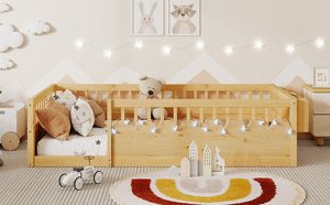English Elm Twin Montessori Floor Bed Frame with High Rails and Built-In Light Shelf for Safe Independent Sleep Natural 79.13 L x 13 W x 6.3 H W2593P333571