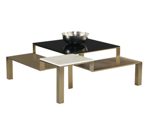 Sunpan Saber Contemporary Coffee Table with Black Glass & White Marble Top, Champagne Gold Frame, 48" Square