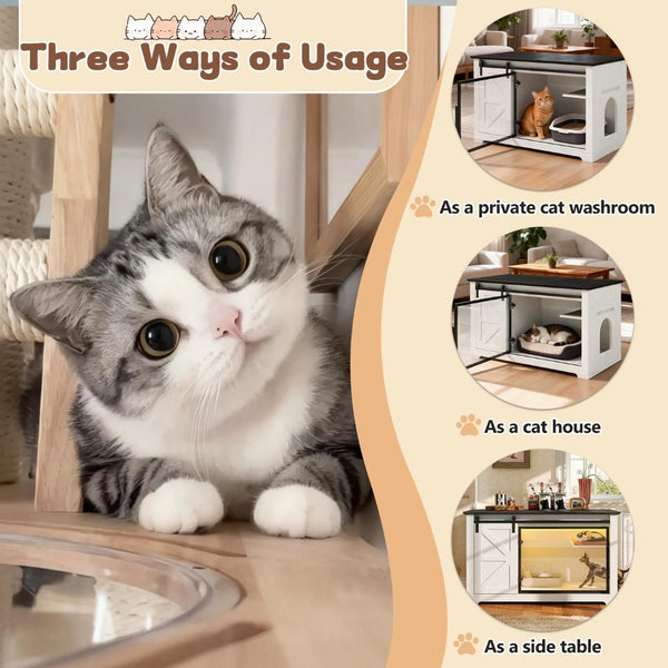 English Elm 46" Farmhouse Litter Box Enclosure with Barn Door Led Lighting and Storage Cabinet N704P402453K