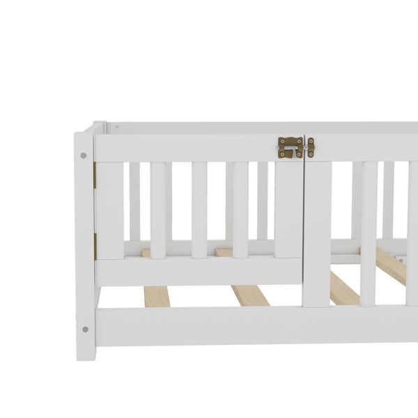 English Elm Twin Twin Size Floor Bed with Safety Guardrails and Playful Door for Kids, Pine/Plywood, Low Profile White W1580P338944