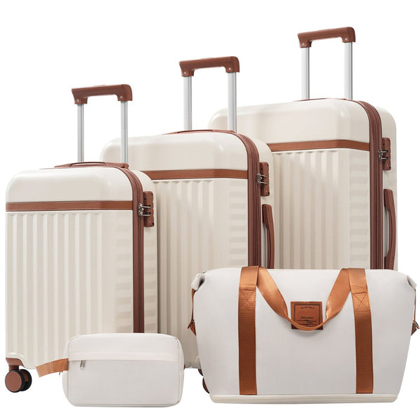English Elm Luggage Set 5 Piece Abs Hardside Expandable Spinner Wheels Tsa Lock Travel Bags Brown+White N732P326115K