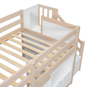 English Elm Solid Pine Twin Low Loft Bed with Stair Drawer Shelf Playhouse Frame for Kids W697S00036