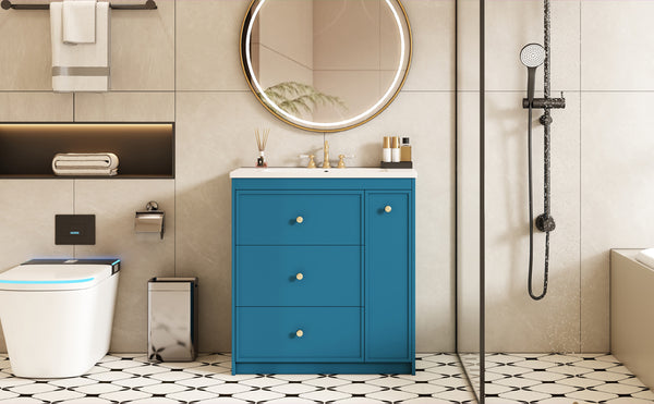 English Elm 30'' Modern Bathroom Vanity With Ceramic Sink, Durable Blue Finish & Ample Storage For Essentials N710P228374C