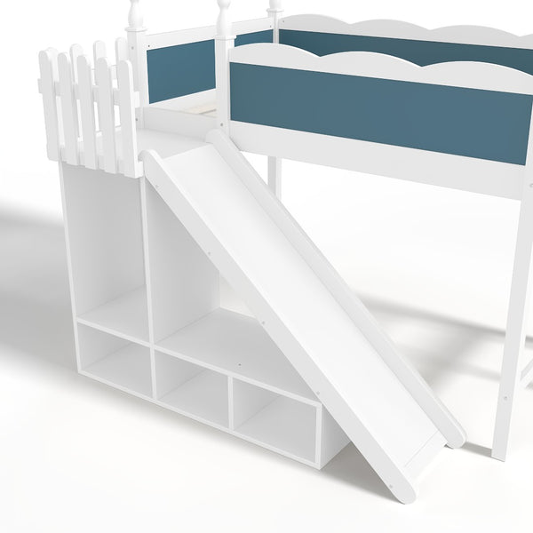 English Elm Twin Loft Bed Solid Pine Frame with Wardrobe Shelving Detachable Slide Kids Room White+Blue W5305S00019