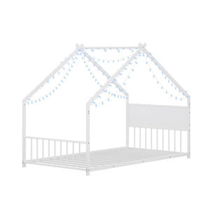 English Elm Twin House Shaped Metal Bed Frame with Led Lights and Wood Slats for Kids W1820P356049