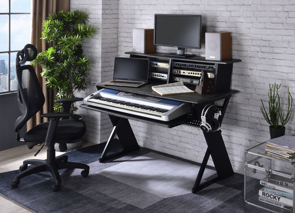 English Elm Humanity Black Finish Music Desk with Keyboard Tray, Cable Management, Shelf Storage for Creators B2726P251780