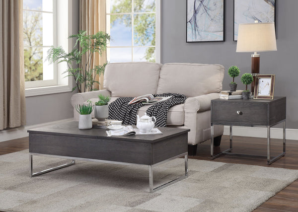English Elm Grey Oak Lift-Top Coffee Table With Chrome Base - Modern Design, Hidden Storage & Spacious Surface B062P189218
