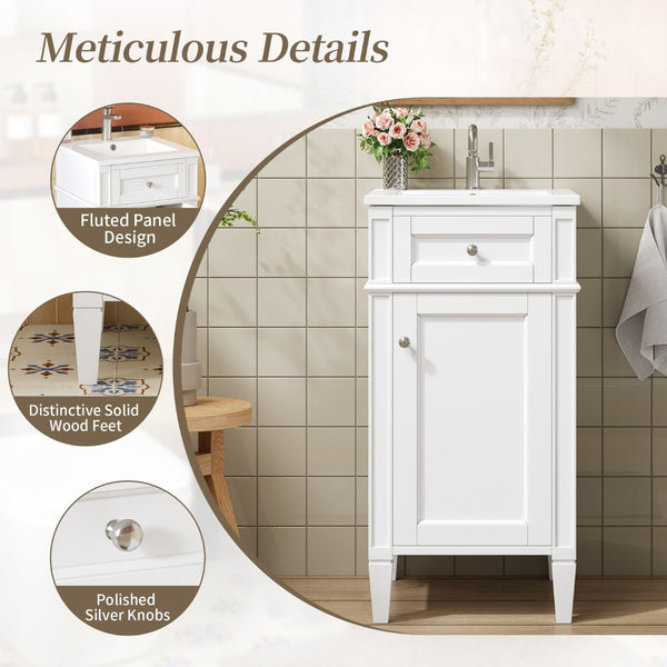 English Elm 16-inch French Style Freestanding Vanity Set with Ceramic Sink and Soft Close Cabinet White N710P405388K