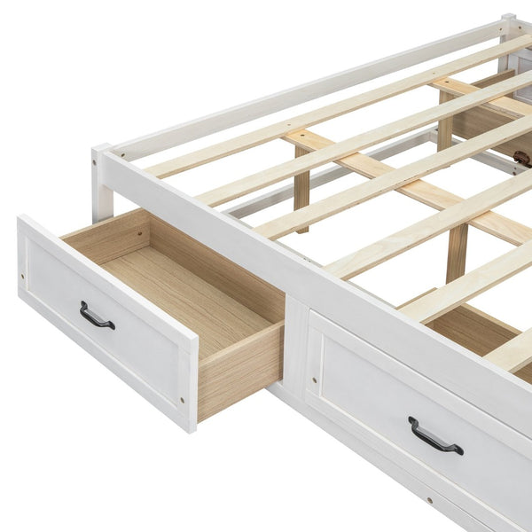 English Elm Queen Platform Bed with Six Storage Drawers Low Profile Frame for Modern Bedrooms Antique White N708P263022K-1