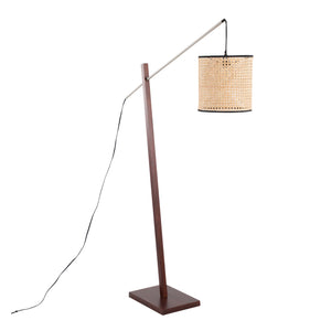 English Elm Arturo Contemporary Floor Lamp - Walnut Wood & Satin Nickel With Woven Rattan Shade For Cozy Spaces B202S01388