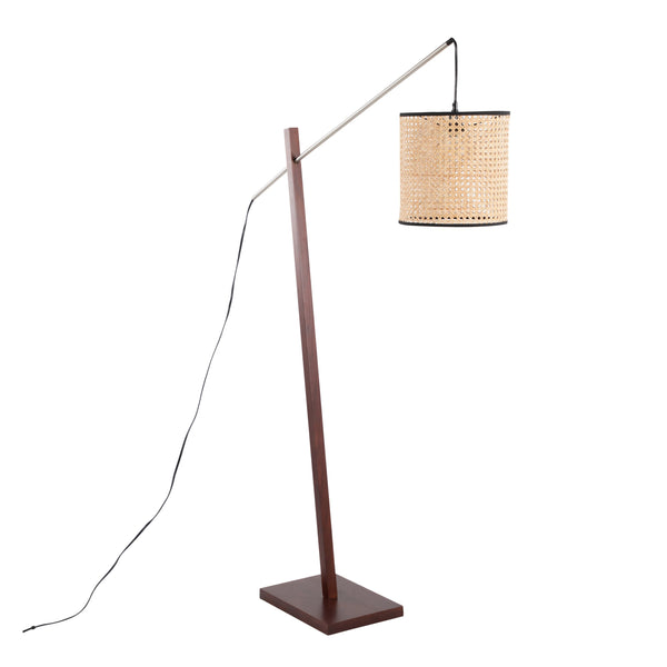 English Elm Arturo Contemporary Floor Lamp - Walnut Wood & Satin Nickel With Woven Rattan Shade For Cozy Spaces B202S01388