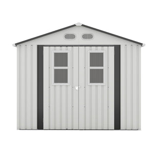 English Elm Outdoor Metal Storage Shed 8x8 Ft with Four Windows and Lockable Double Doors White W1598S00037