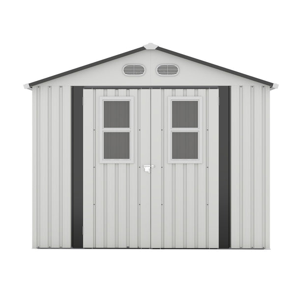 English Elm Outdoor Metal Storage Shed 8x8 Ft with Four Windows and Lockable Double Doors White W1598S00037