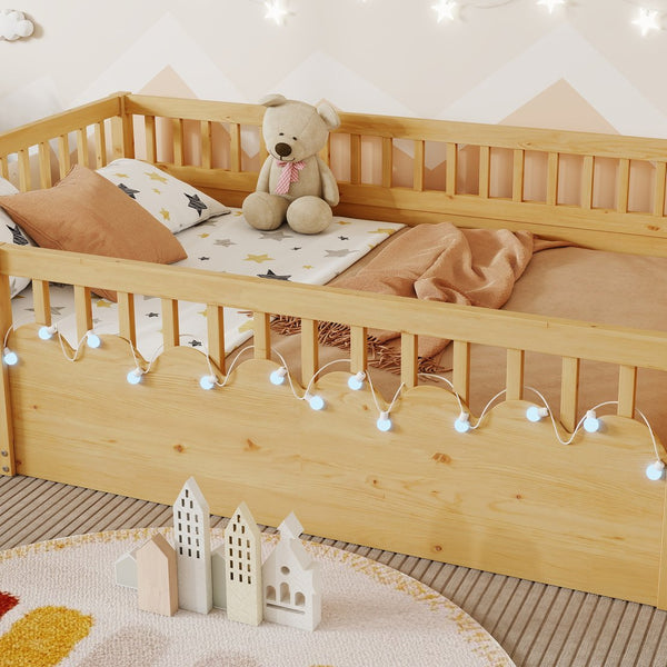 English Elm Full Montessori floor bed offering high rails, built-in light and shelf for safe independent sleep and storage Natural 79.13 L x 13 W x 6.3 H W2593P333587