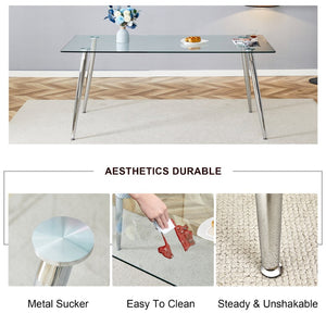 English Elm Modern Tempered Glass Dining Table Seats Six with Sleek Silver Legs for Open Spaces W1151S03176