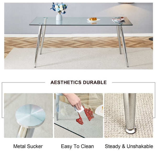 English Elm Modern Tempered Glass Dining Table Seats Six with Sleek Silver Legs for Open Spaces W1151S03176