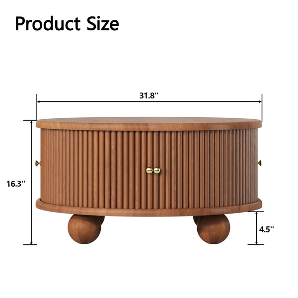 English Elm Round Fluted Pine Wood Coffee Table with Hidden Sliding Door Storage for Living Room Walnut N735P369879D