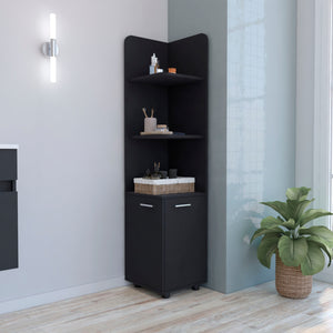 English Elm Malibu 62" Tall Corner Linen Cabinet Black Particle Board with Double Doors, 4 Shelves, Modern Legs B070P210744