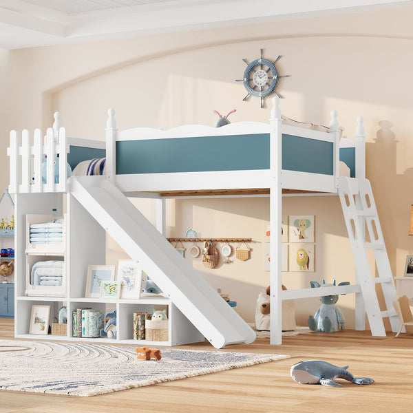 English Elm Full Loft Bed With Slide, Storage Shelves & Cabinet - Solid Wood Design For Fun & Organization! W1580S00246