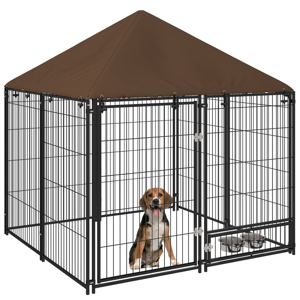 English Elm Pawhut Outdoor Steel Wire Dog Kennel with Oxford Canopy Roof and Rotating Feed Bowl W2225P173780